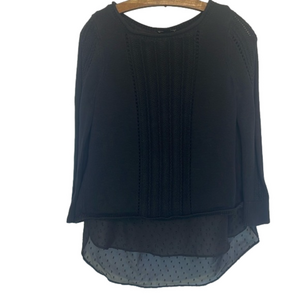 Lucky Brand Black Sweater Sheer Polka Dot Lining High-Low Long Sleeve Size S EUC